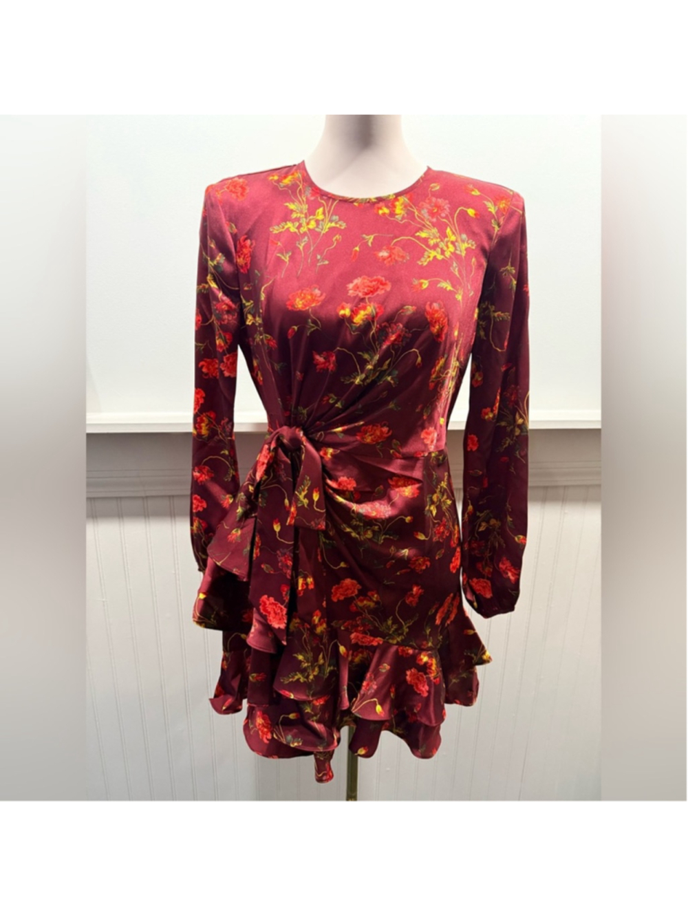 Cinq à Sept Floral Wrap Dress Burgundy Satin Ruffle Hem NWT Size 4